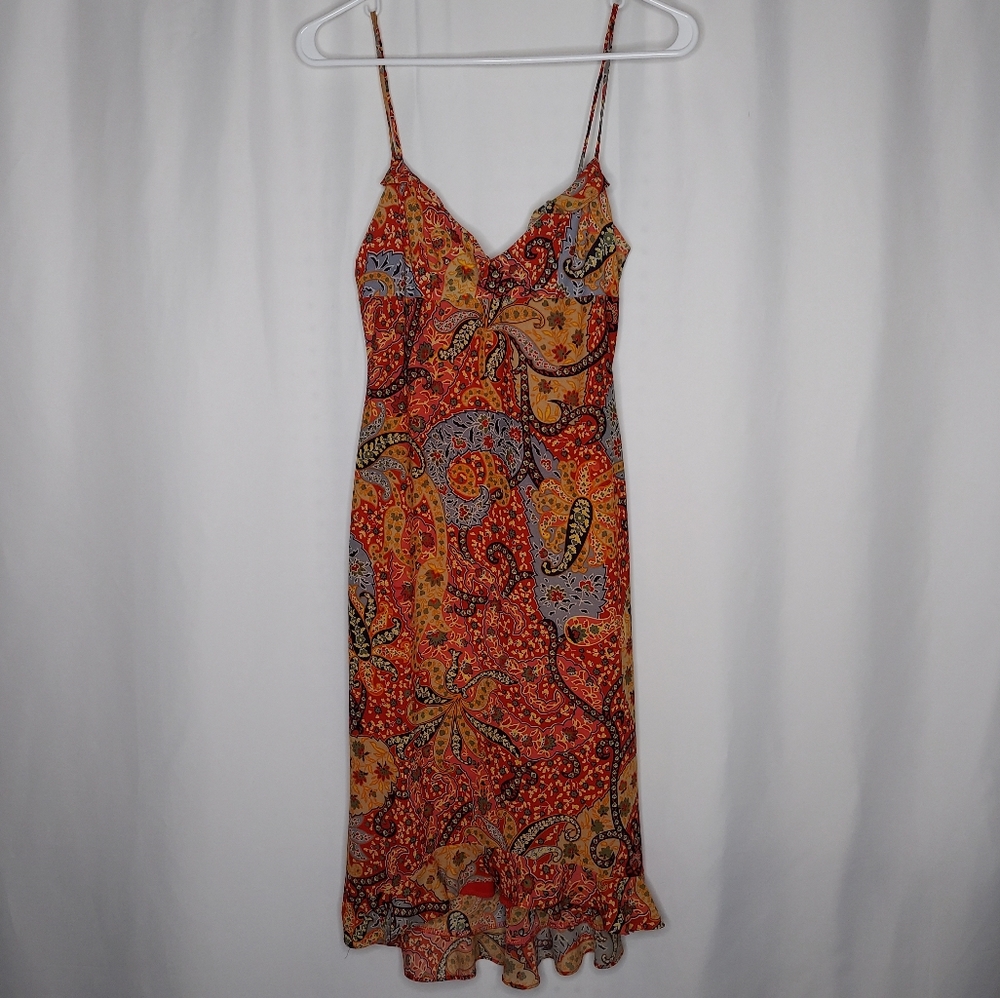 Evolution Not Revolution Slip Dress XS Red Blue Paisley Chiffon‎ Ruffle Y2K Hoco